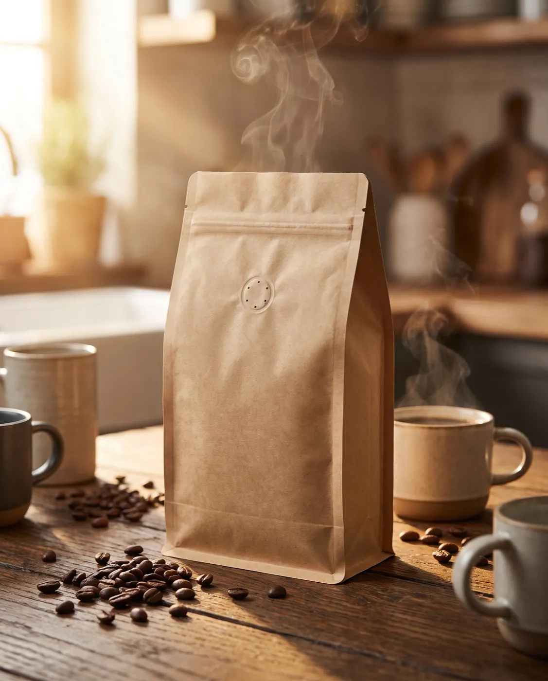 Dieselbe Kaffeeverpackung als stimmungsvolles Produktfoto (nachher)